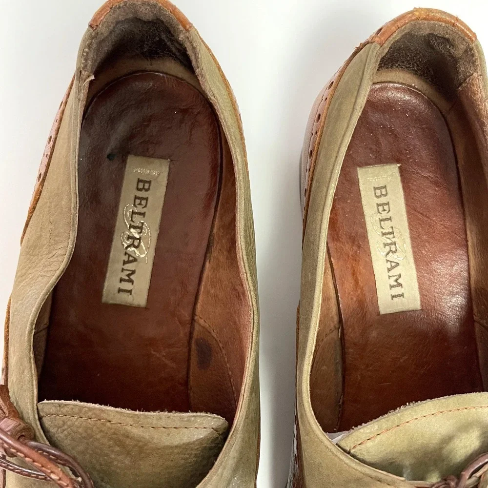 Beltrami Italian Leather Wingtip Oxfords Two Tone Green Brown Tassel Dress Shoes